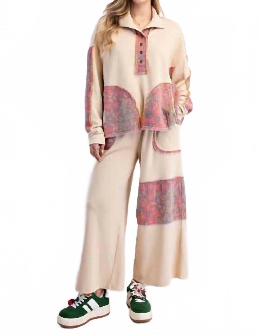 NEW EASEL piper floral patchwork terry knit set in oatmeal